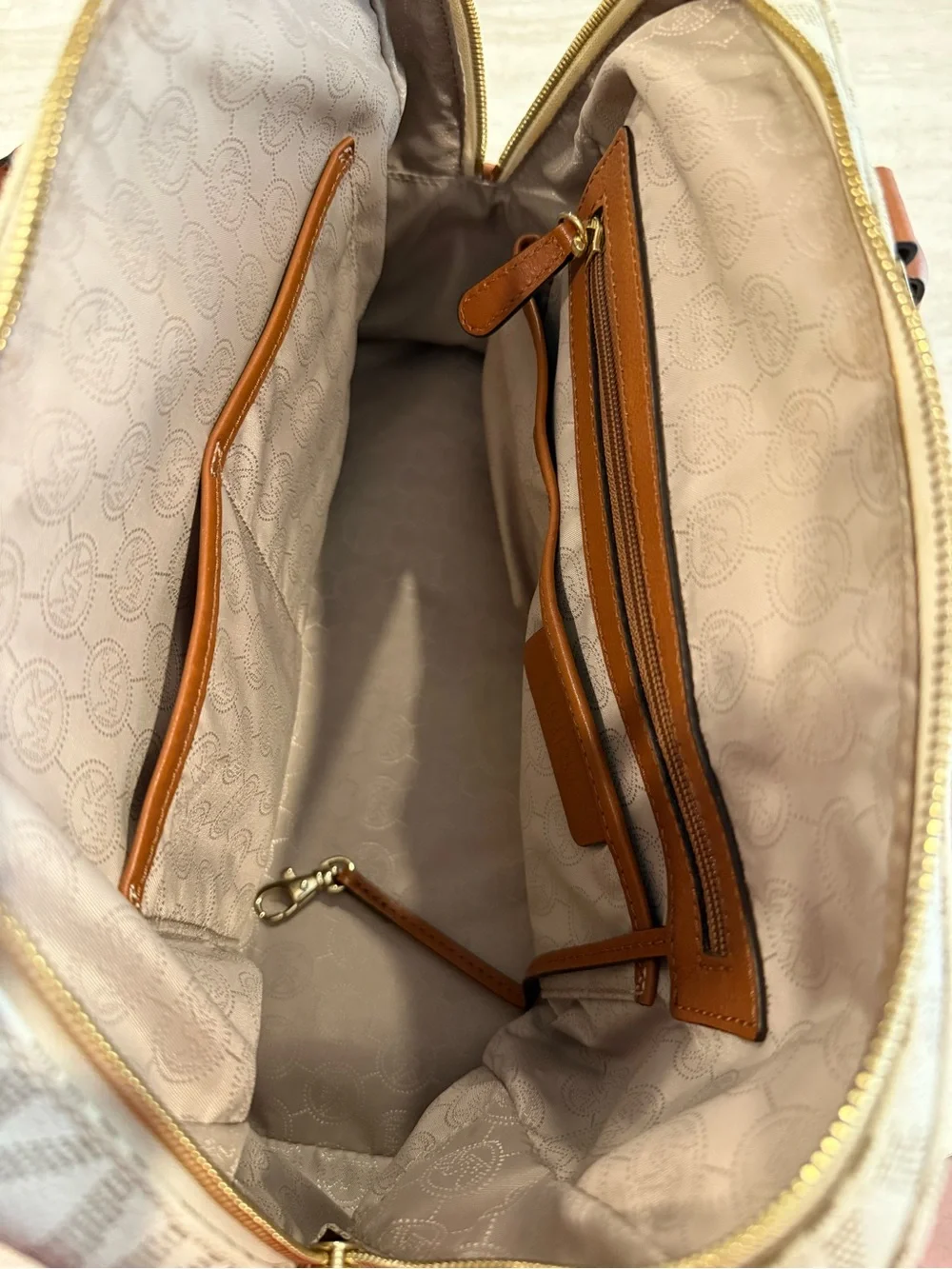 Michael Kors Vanilla Signature MK Satchel Shoulder Bag Acorn Brown 12”